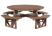 Brown octagonal picnic table with four attached benches on a white background