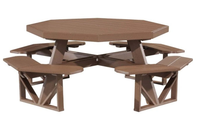 Brown octagonal picnic table with four attached benches on a white background