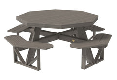 Octagonal gray picnic table with benches on a white background