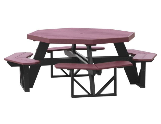 Octagon picnic table with cherry top and black legs on a white background