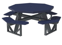  picnic table with blue top and benches on a white background