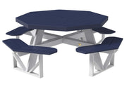  picnic table with blue seats and white legs on a white background