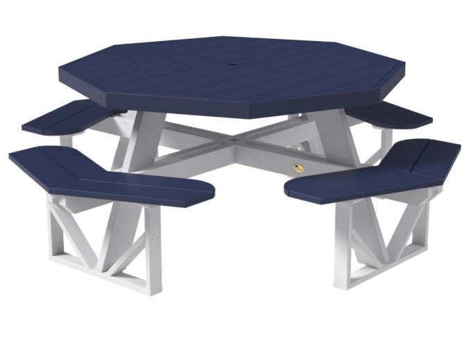  picnic table with blue seats and white legs on a white background