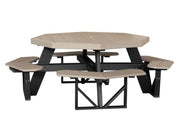 Picnic table with beige top and black frame on a white background