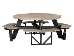 Picnic table with beige top and black frame on a white background