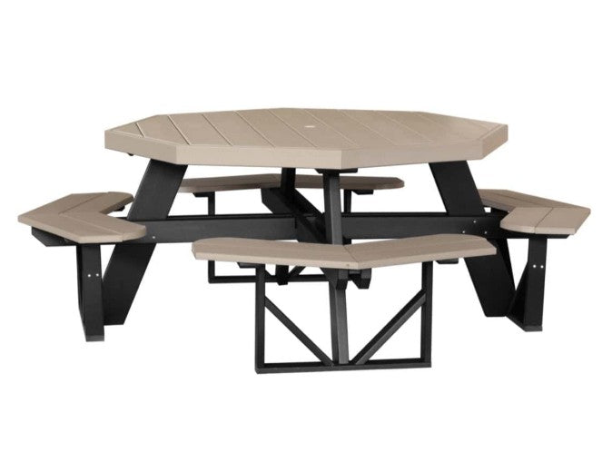 Picnic table with beige top and black frame on a white background