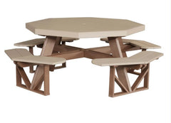 Octagon picnic table with four attached benches on a white background