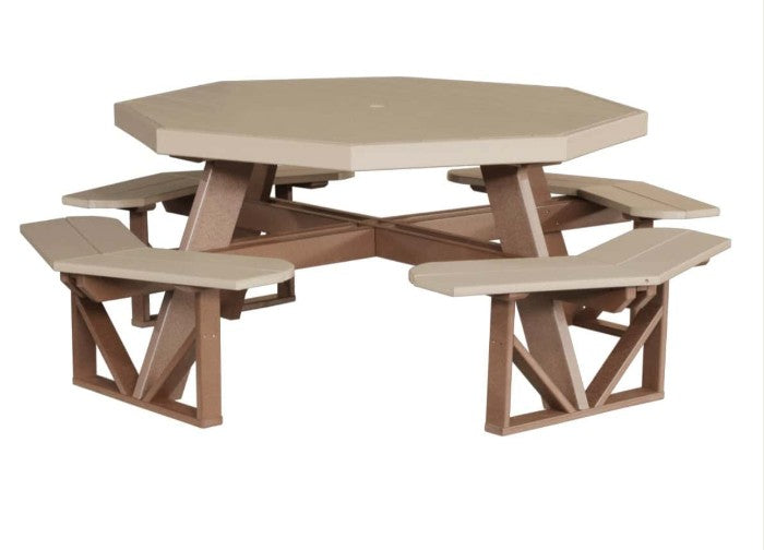 Octagon picnic table with four attached benches on a white background