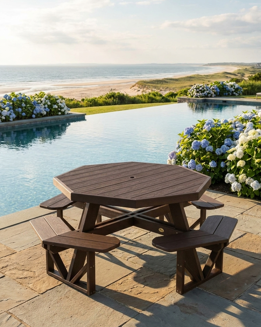 Octagonal picnic table with benches by a poolside with flowers and ocean view