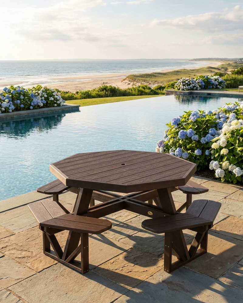 Octagonal picnic table with benches by a poolside with flowers and ocean view
