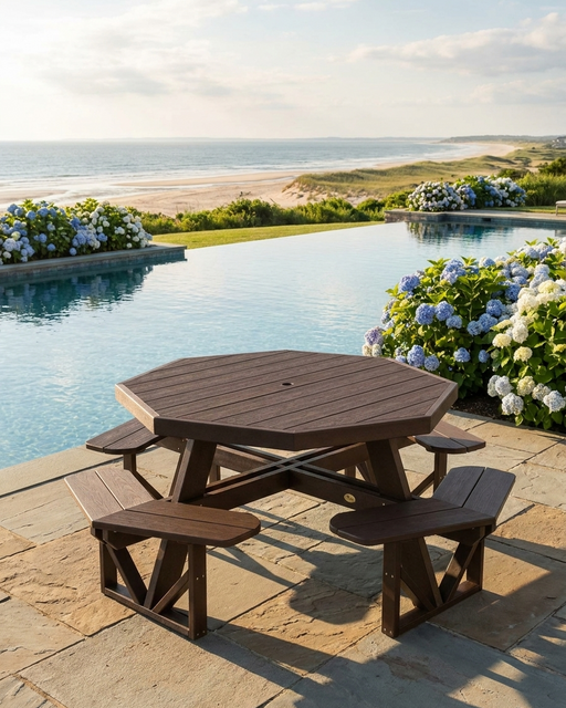 Octagonal picnic table with benches by a poolside with flowers and ocean view