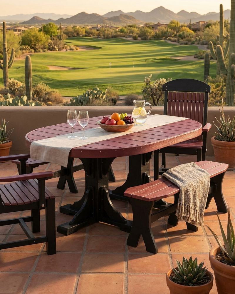 An outdoor dining set on a patio overlooking a golf course and mountains, featuring a round reddish-brown slat-top table with dark pedestal legs, two matching chairs, a bench with a draped throw, and tableware on a table runner.