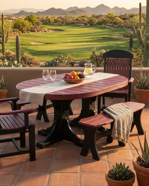 An outdoor dining set on a patio overlooking a golf course and mountains, featuring a round reddish-brown slat-top table with dark pedestal legs, two matching chairs, a bench with a draped throw, and tableware on a table runner.