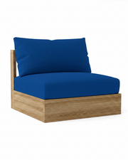 A modern outdoor lounge chair with a thick royal blue cushioned seat and backrest, supported by a light brown wood frame, shown on a solid white background.