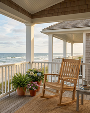A wooden rocking chair sits on a porch rug on a beach house porch with a view of the ocean. Potted ferns and flowers are arranged on the deck next to the chair.