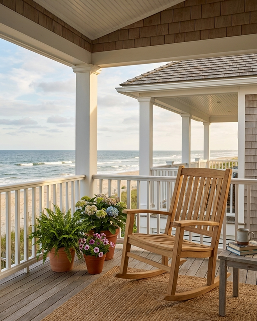 A wooden rocking chair sits on a porch rug on a beach house porch with a view of the ocean. Potted ferns and flowers are arranged on the deck next to the chair.