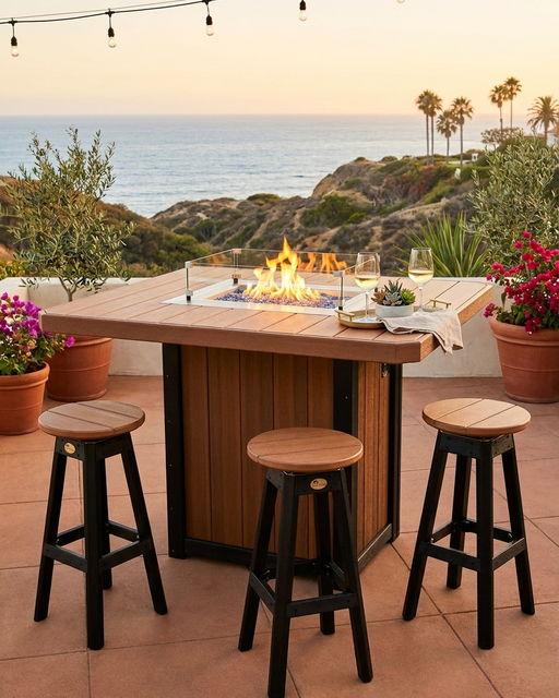 Outdoor patio bar set with a rectangular wood-top fire pit table and three matching bar stools, shown on a terracotta tile patio overlooking the ocean at sunset.