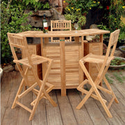Wooden outdoor bar set with stools on a wooden deck