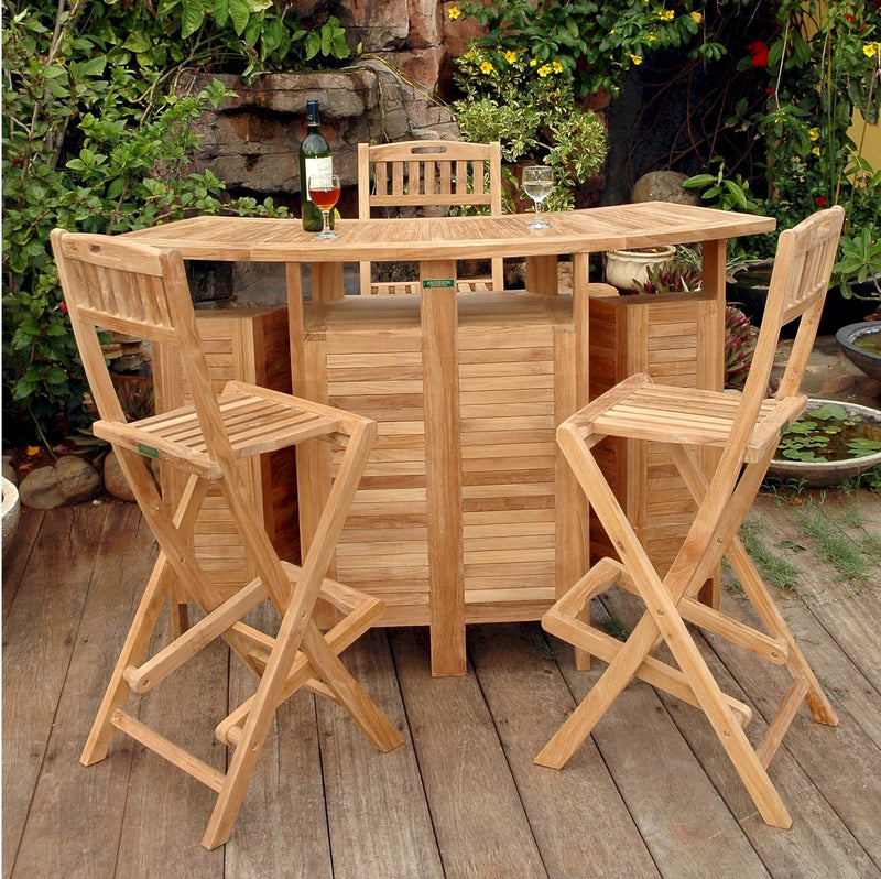 Wooden outdoor bar set with stools on a wooden deck