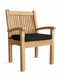 Wooden chair with black cushion on a white background