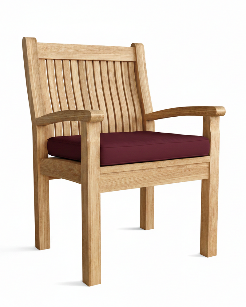 Wooden chair with burgundy cushion on a white background