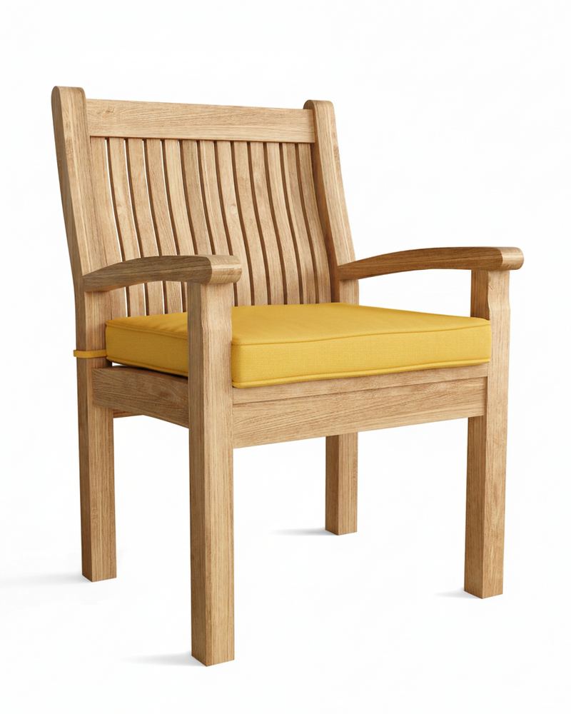 Wooden chair with yellow cushion on a white background