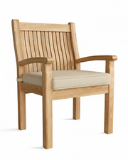 Wooden armchair with beige cushion on a white background