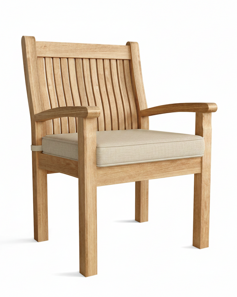 Wooden armchair with beige cushion on a white background