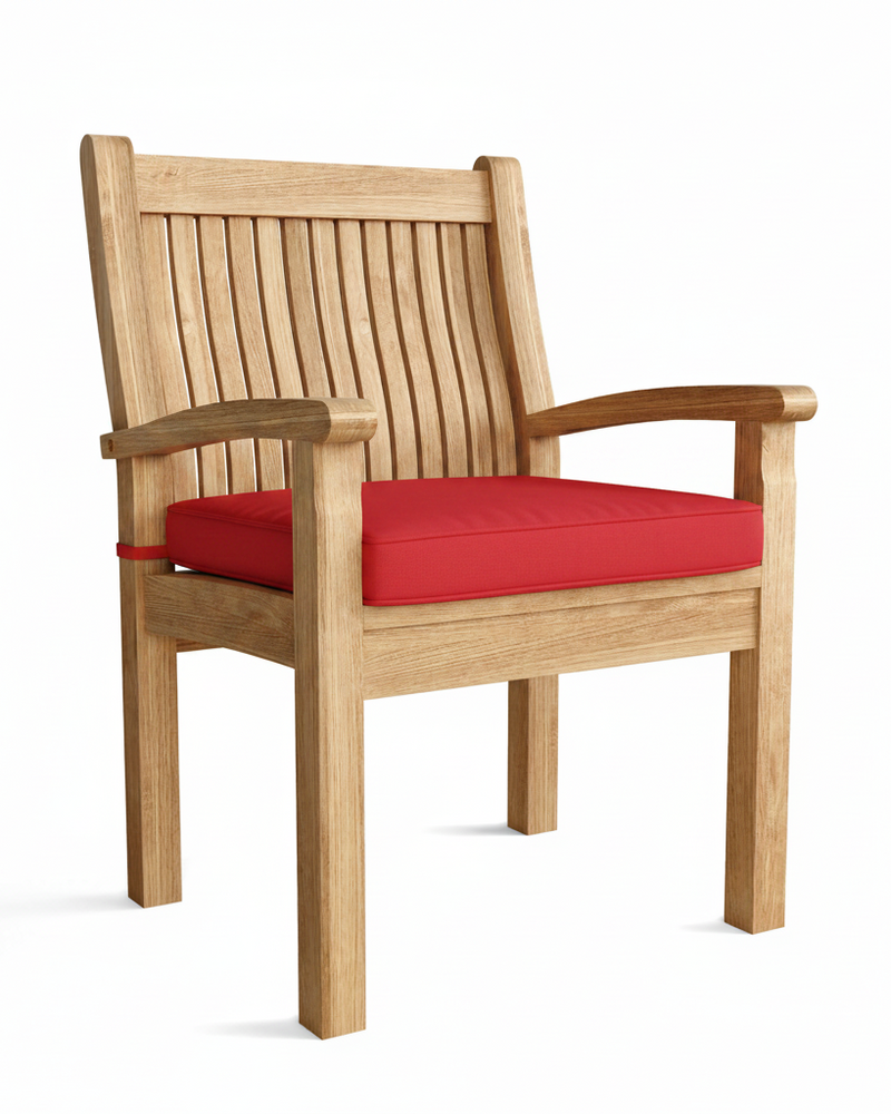 Wooden chair with red cushion on a white background