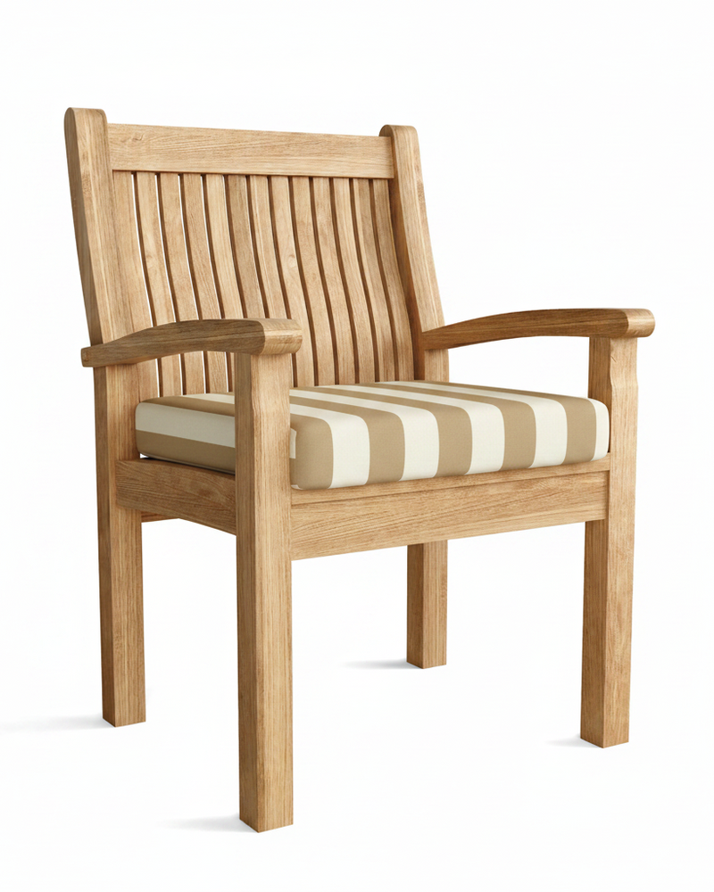 Wooden armchair with striped cushion on a white background
