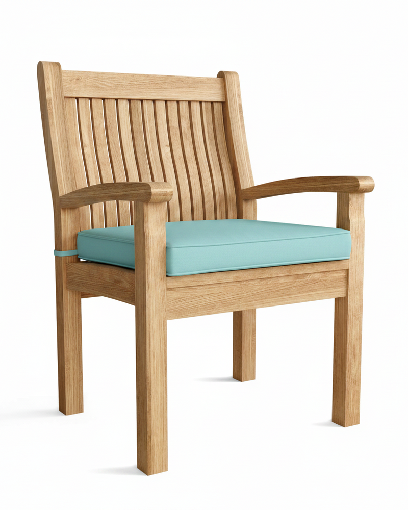 Wooden chair with a light blue cushion on a white background