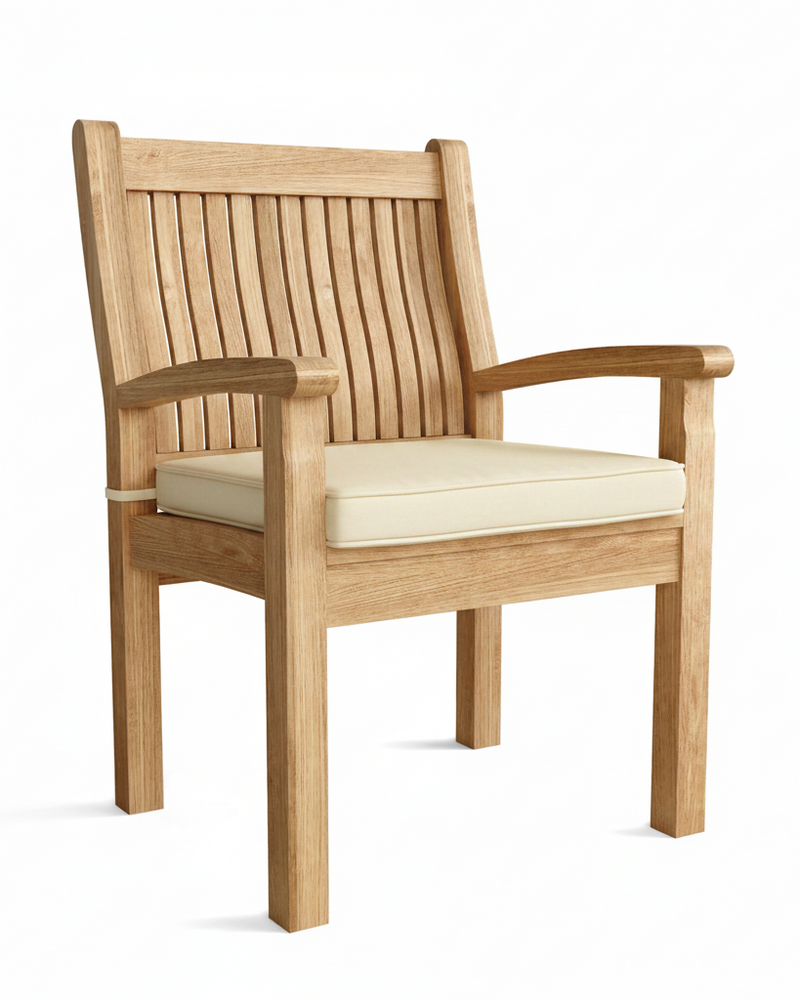 Wooden armchair with cream cushion on a white background