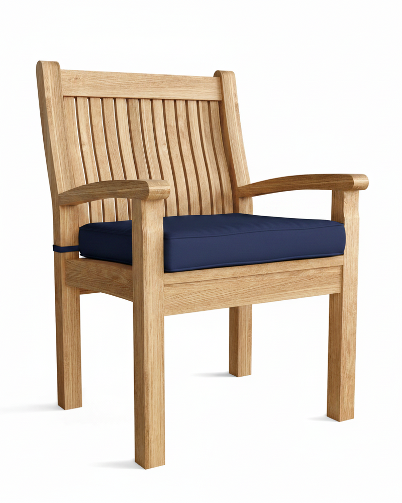 Wooden chair with a navy cushion on a white background
