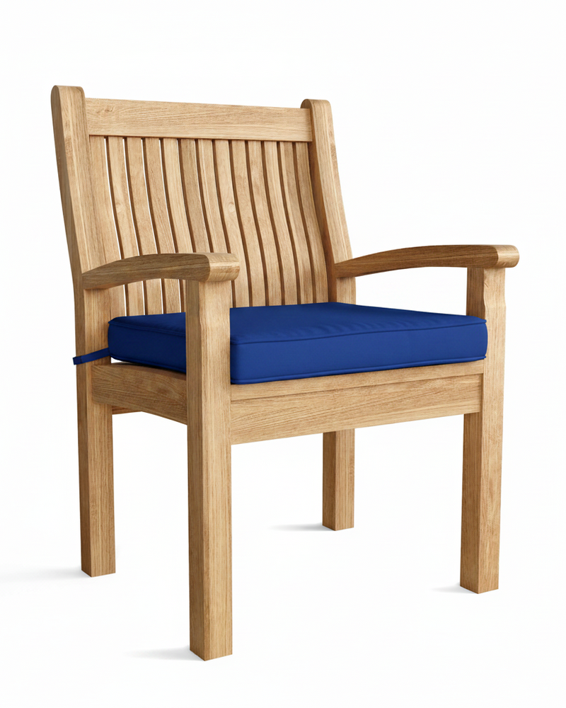 Wooden chair with a blue cushion on a white background