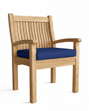Wooden chair with a blue cushion on a white background