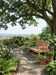 Anderson Teak Sahara 2-seater bench on a gravel pathway under a tree in a lush garden.  