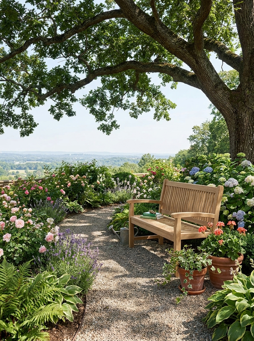 Anderson Teak Sahara 2-seater bench on a gravel pathway under a tree in a lush garden.  