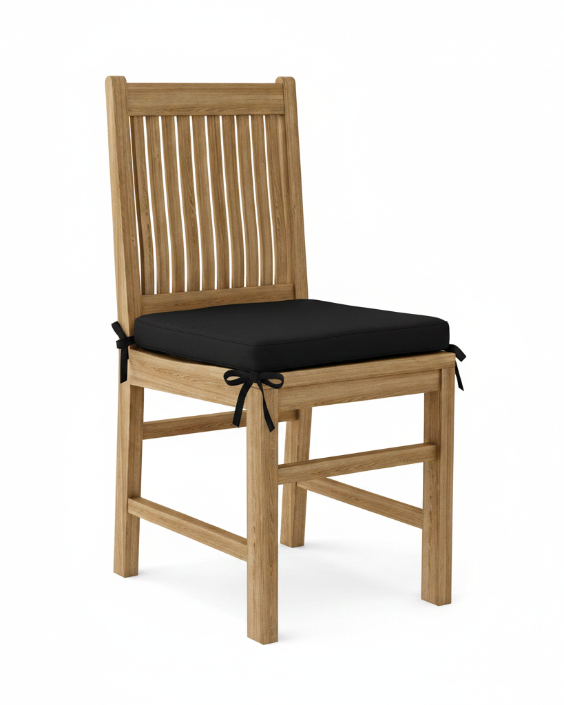 Wooden chair with a black cushion on a white background