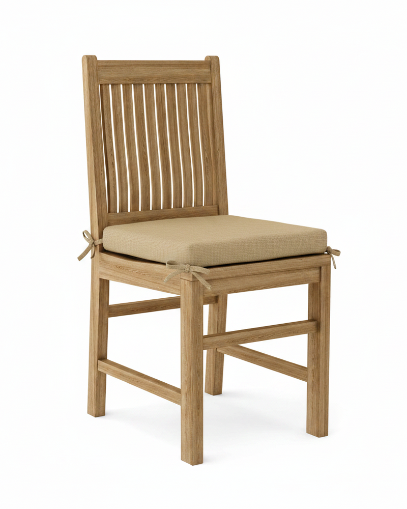 Wooden chair with a beige cushion on a white background