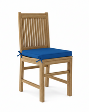 Wooden chair with a blue cushion on a white background