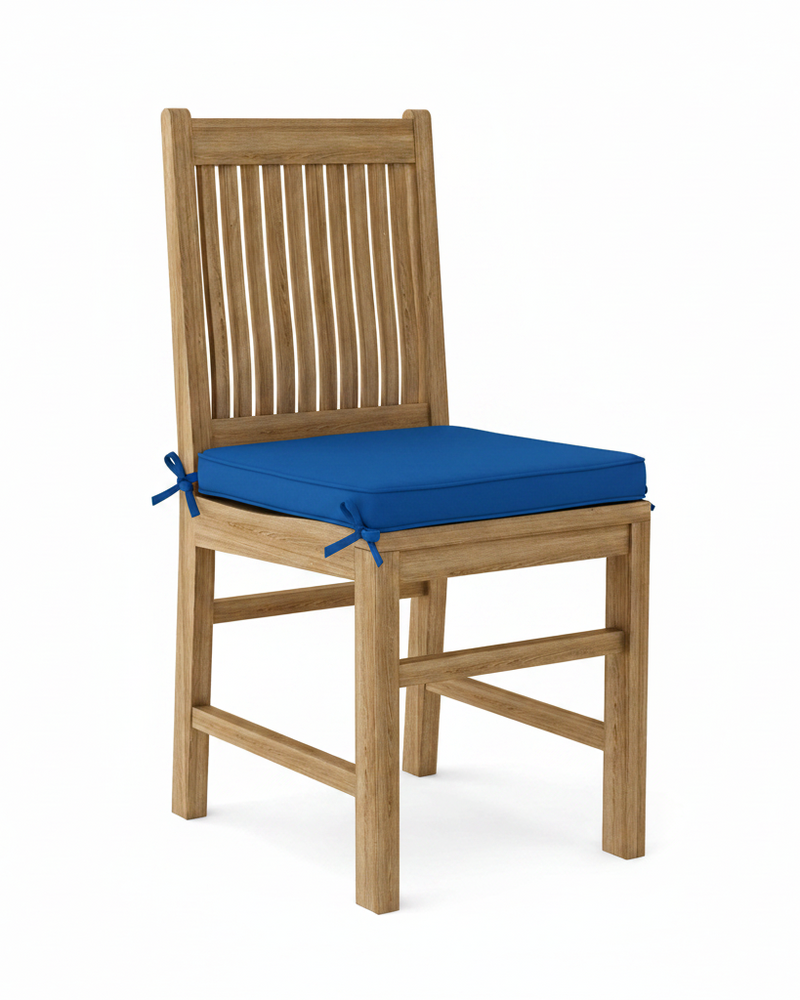 Wooden chair with a blue cushion on a white background