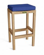 Wooden bar stool with a blue cushion on a white background