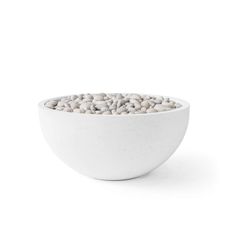 Serenade lightweight natural concrete fire pit with ivory beach stones on a white background.  