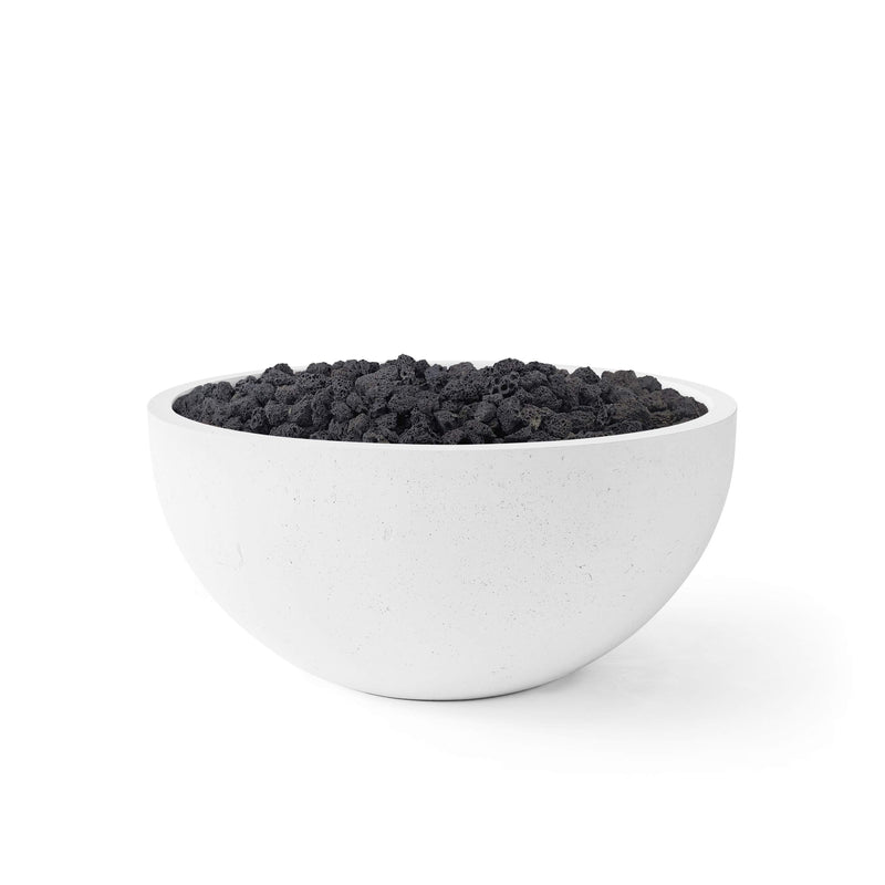 Serenade lightweight natural concrete fire pit with black lava rocks on a white background.  