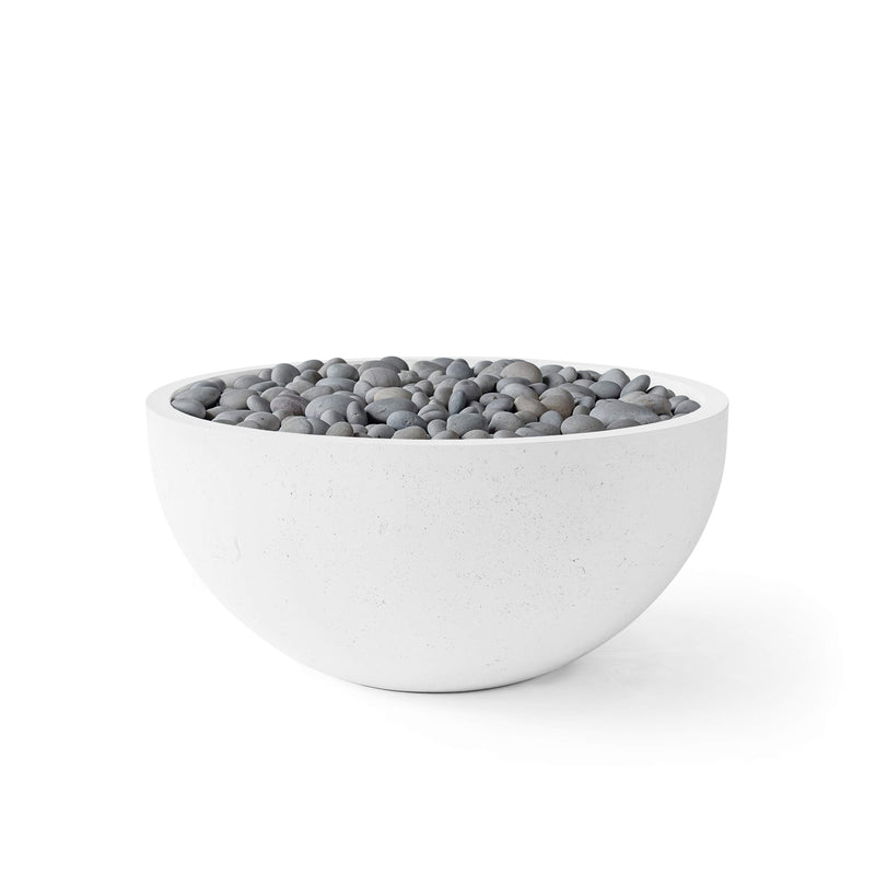 Serenade lightweight natural concrete fire pit with slate beach stones on a white background.  