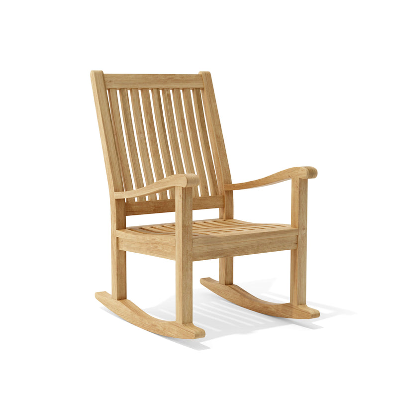 Del-amo teak rocking armchair on a white background
