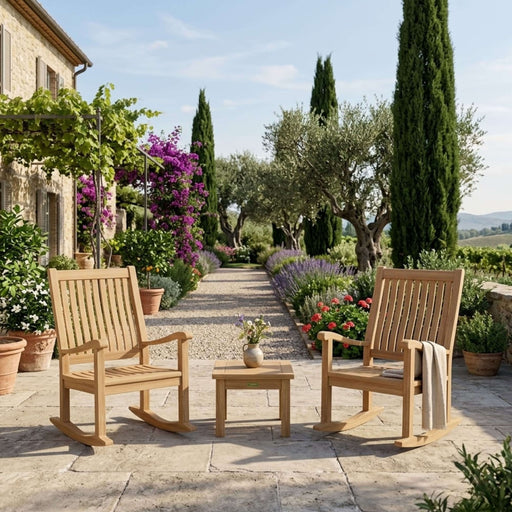 Del-amo rocking armchairs and bahama mini side table on a stone patio in front of lush hillside gardens.  