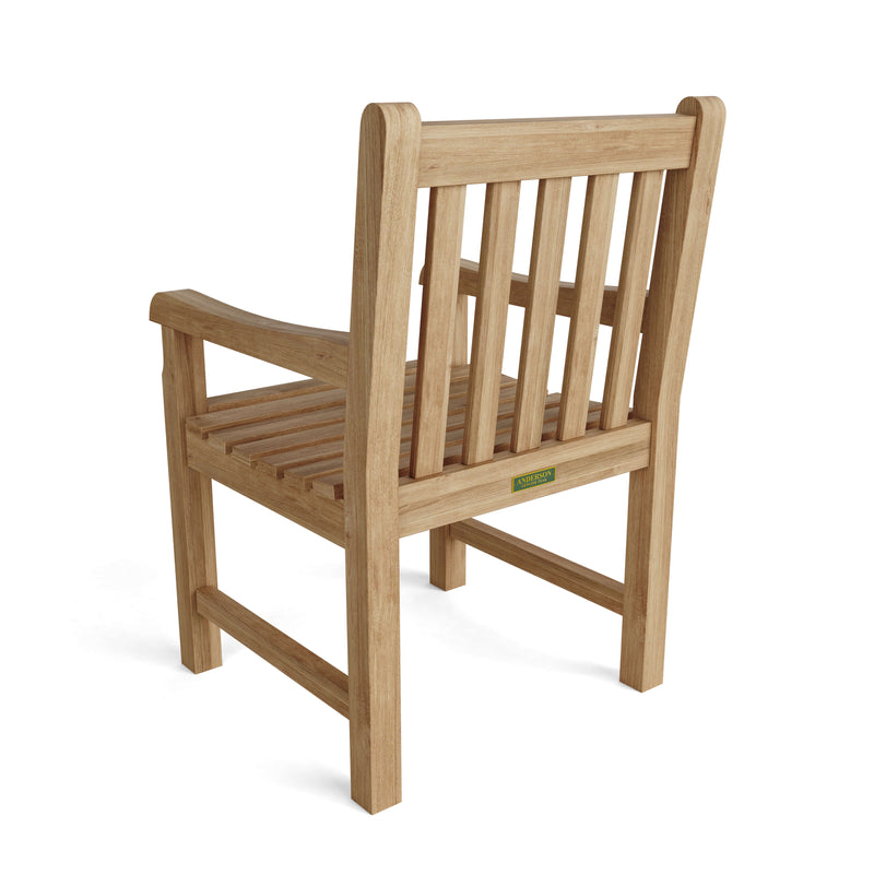 Backview of Anderson Teak classic dining armchair on white background.  