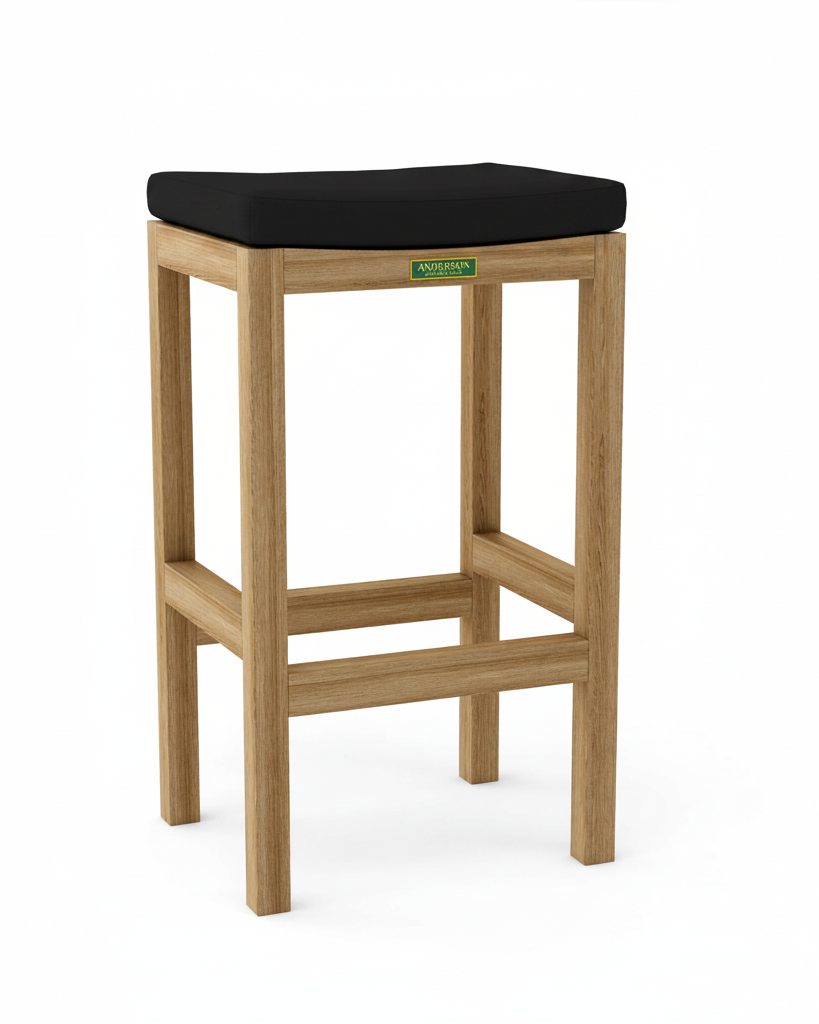 Wooden bar stool with black cushion on a white background