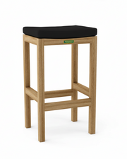 Wooden bar stool with black cushion on a white background